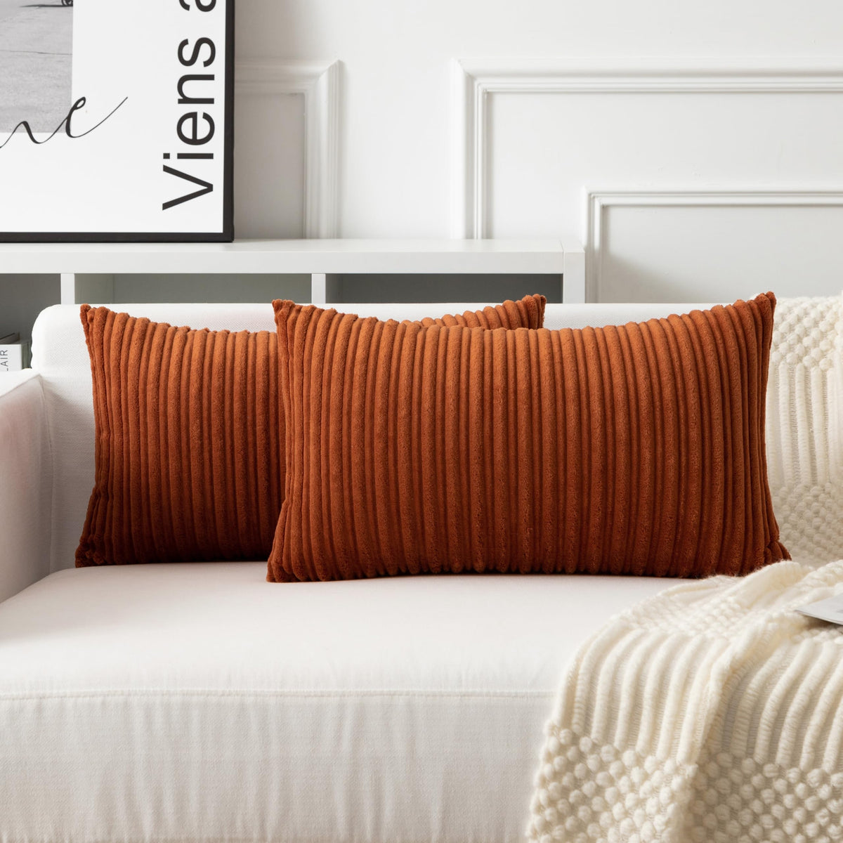 UGASA Velvet 12x20 Inch Lumbar Soft Throw Pillow Cover Boho Farmhouse Decorative Corduroy Striped Both Sides Solid Rectangular Cushion Case for Couch Bedroom Sofa Home, 1 Piece, Beige