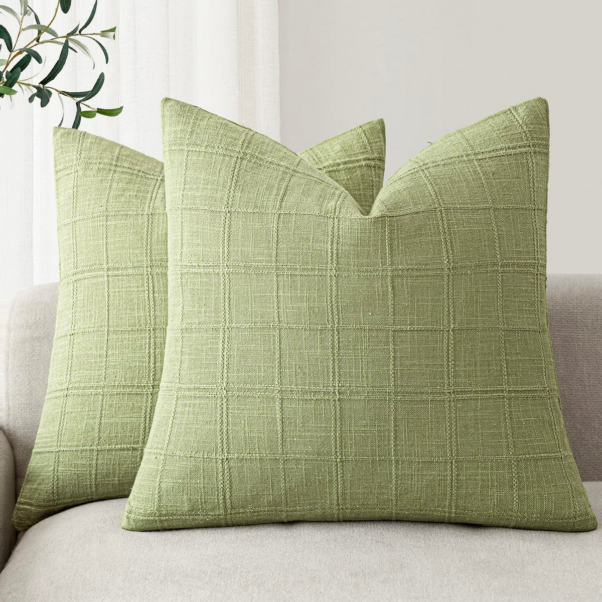 Foindtower Boho Linen Check Decorative Throw Pillow Cover 18×18 Olive Green
