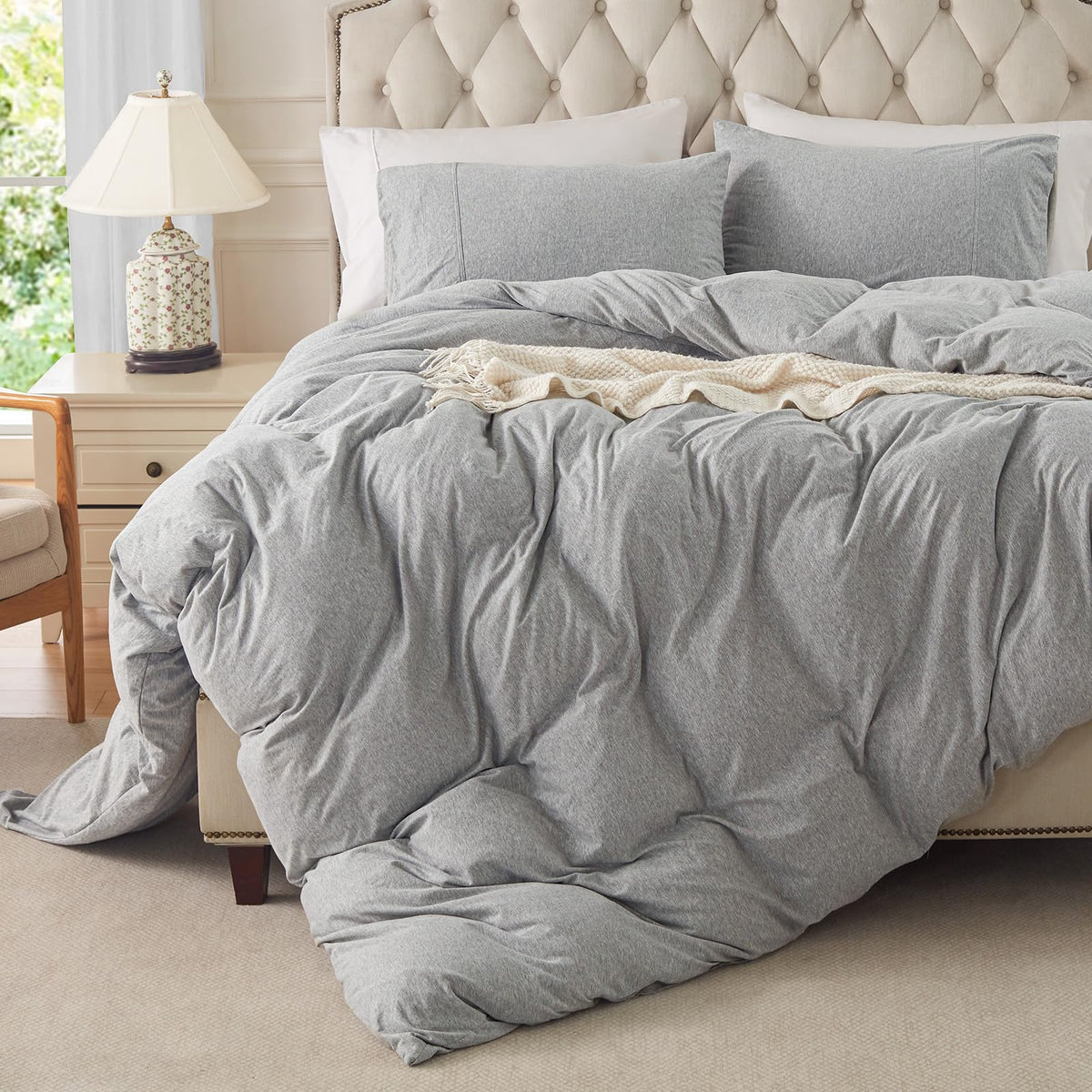 PURE ERA Jersey Knit Duvet Cover Set 100% T-Shirt Cotton Super Soft Comfy 3pc Bedding Set with Zipper Closure (Heather Beige, Queen)