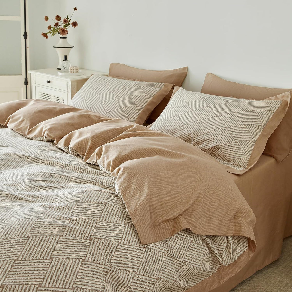 SUSYBAO Taupe Geometric Duvet Cover Queen 100% Cotton 3 Pieces Set
