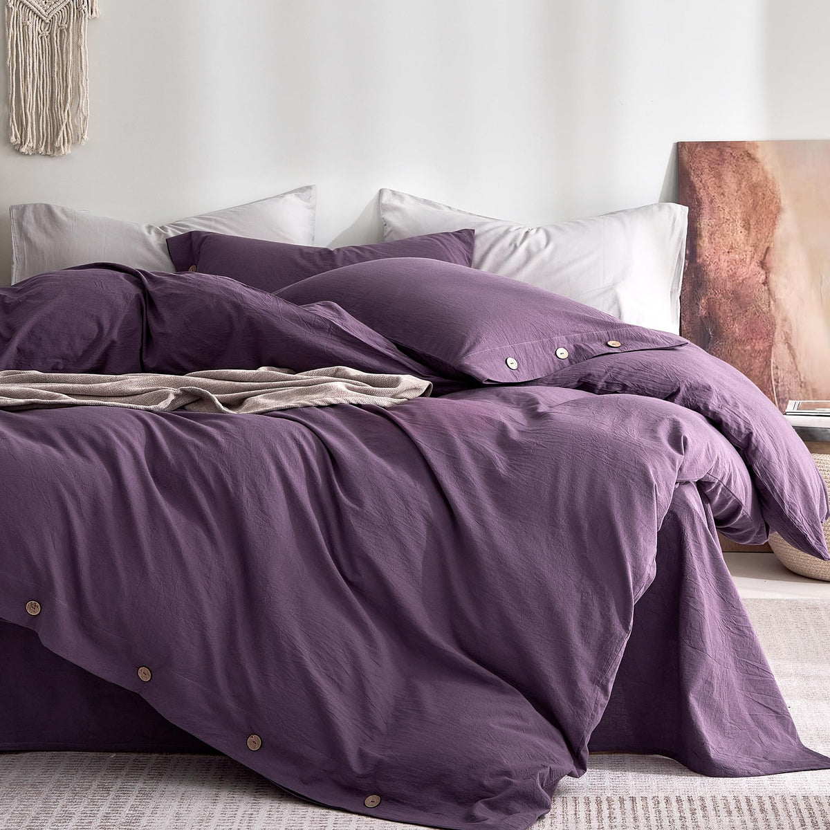 JELLYMONI 100% Washed Cotton Striped Duvet Cover Set King, Linen-Like
