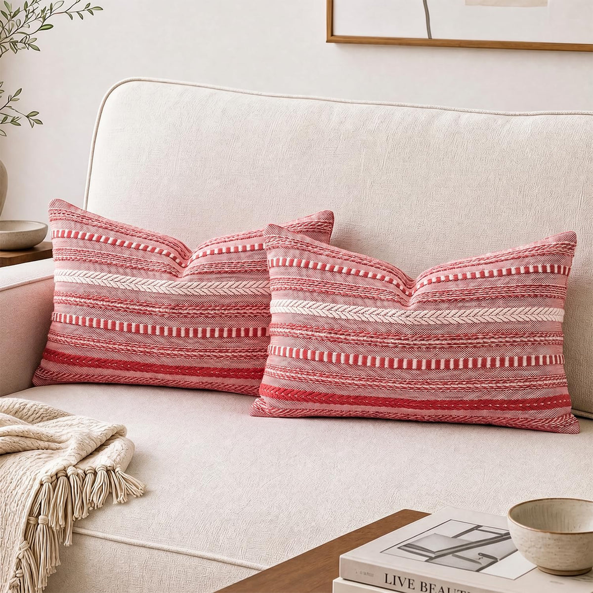 AVOIN colorlife Pink Boho Decorative Throw Pillow Covers Set of 2, 18 x 18 Inch Woven Stripe Textured Rustic Cushion Case Home Decor for Living Room Couch Sofa