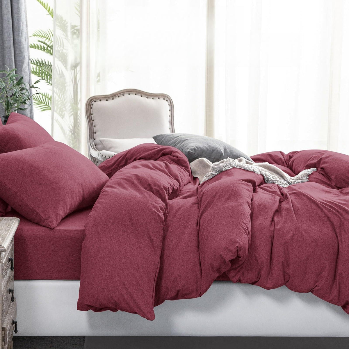 PURE ERA Jersey Knit Duvet Cover Set 100% T-Shirt Cotton Super Soft Comfy 3pc Bedding Set with Zipper Closure (Heather Beige, Queen)