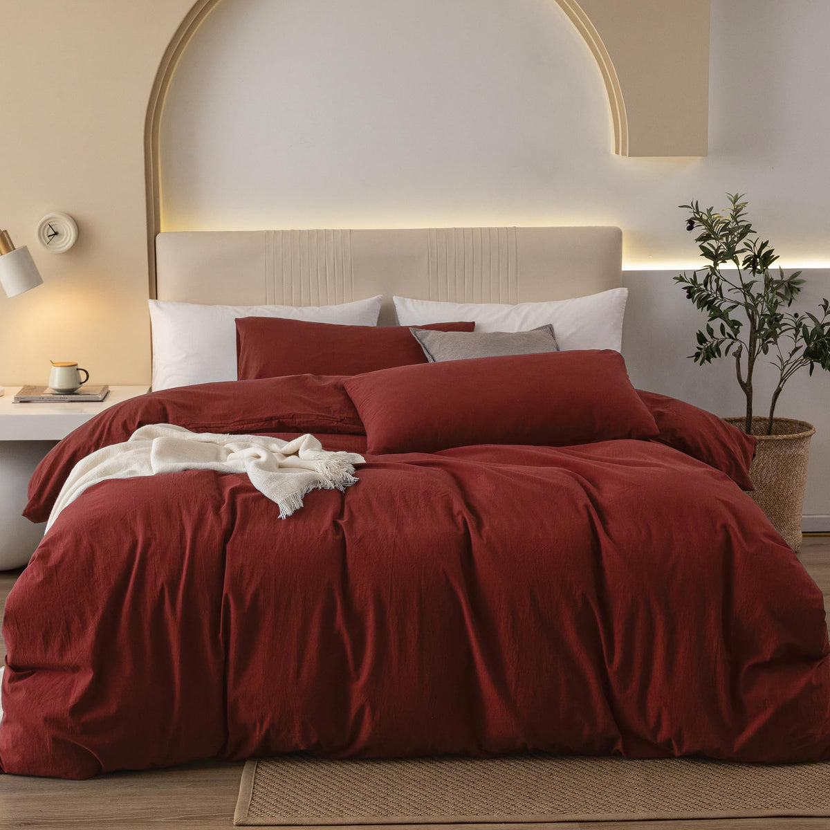 JIYUAN Queen Washed Cotton Duvet Cover Set, 3-Piece, Relaxed Linen Feel