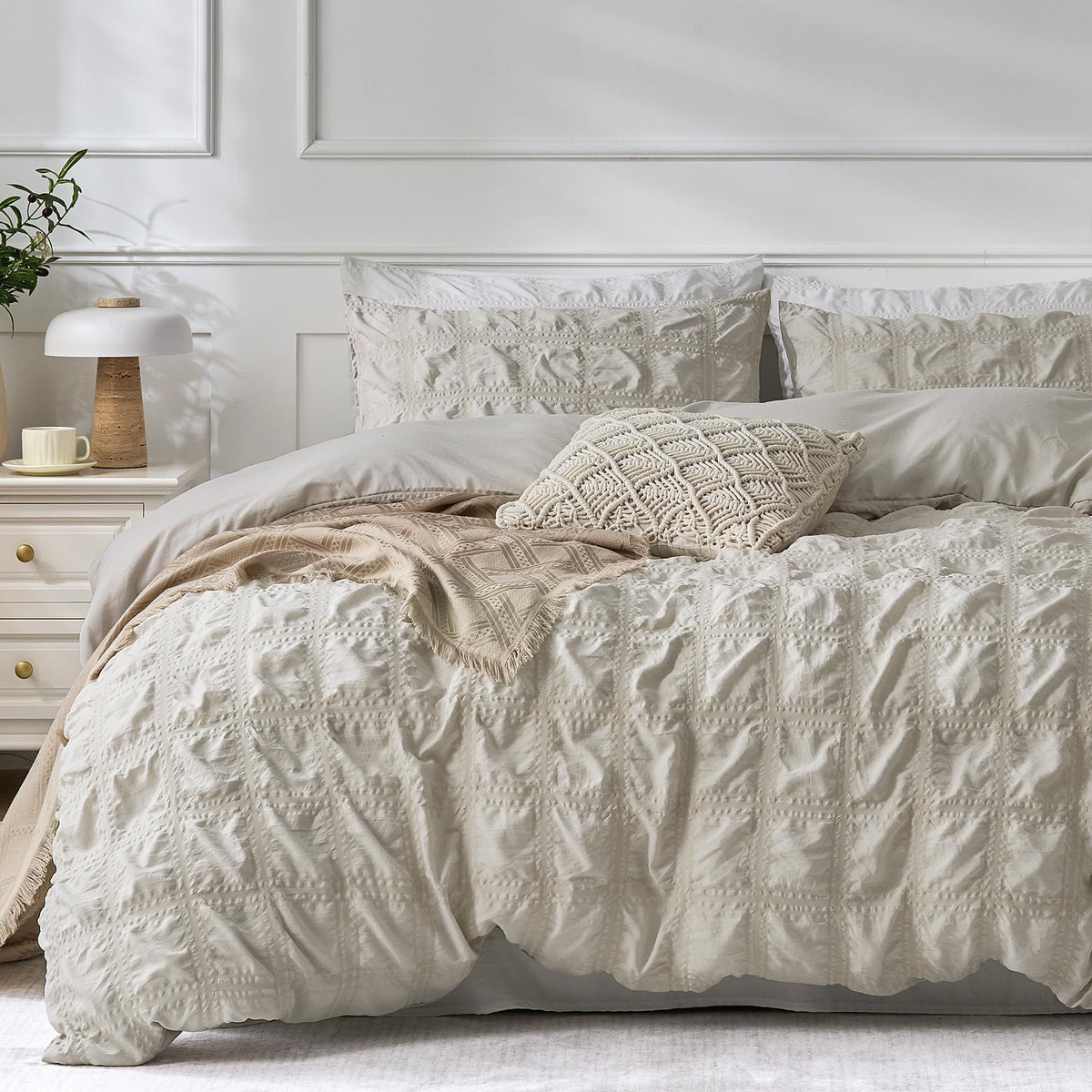 JELLYMONI White Seersucker Duvet Cover Set Queen Size