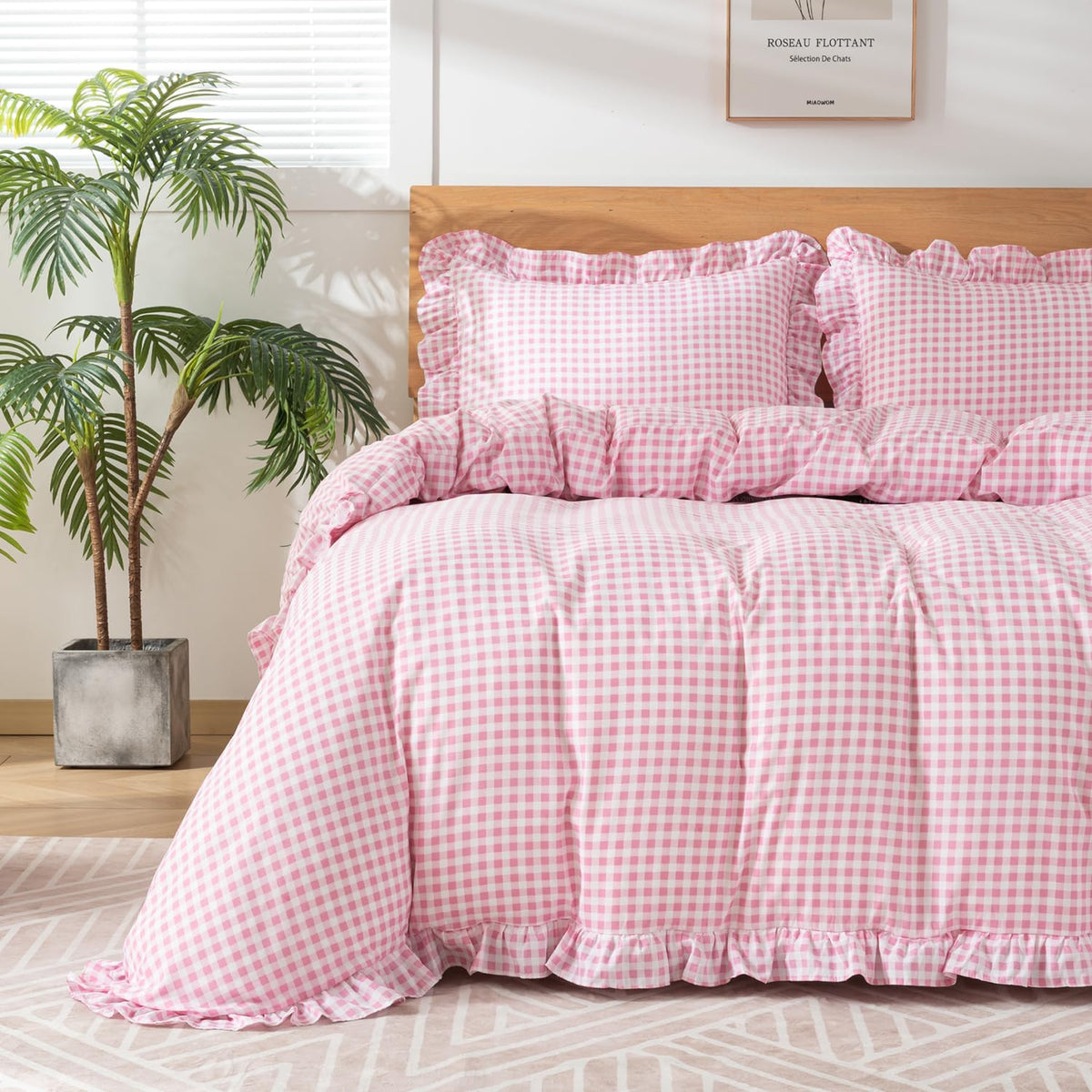 Gingham Duvet Cover Queen Size, 3 Pieces Soft Breathable Microfiber Plaid Duvet Cover with Zipper Closure & 2 Pillow Shams, Ruffle Farmhouse Vintage Decor, Sage Green