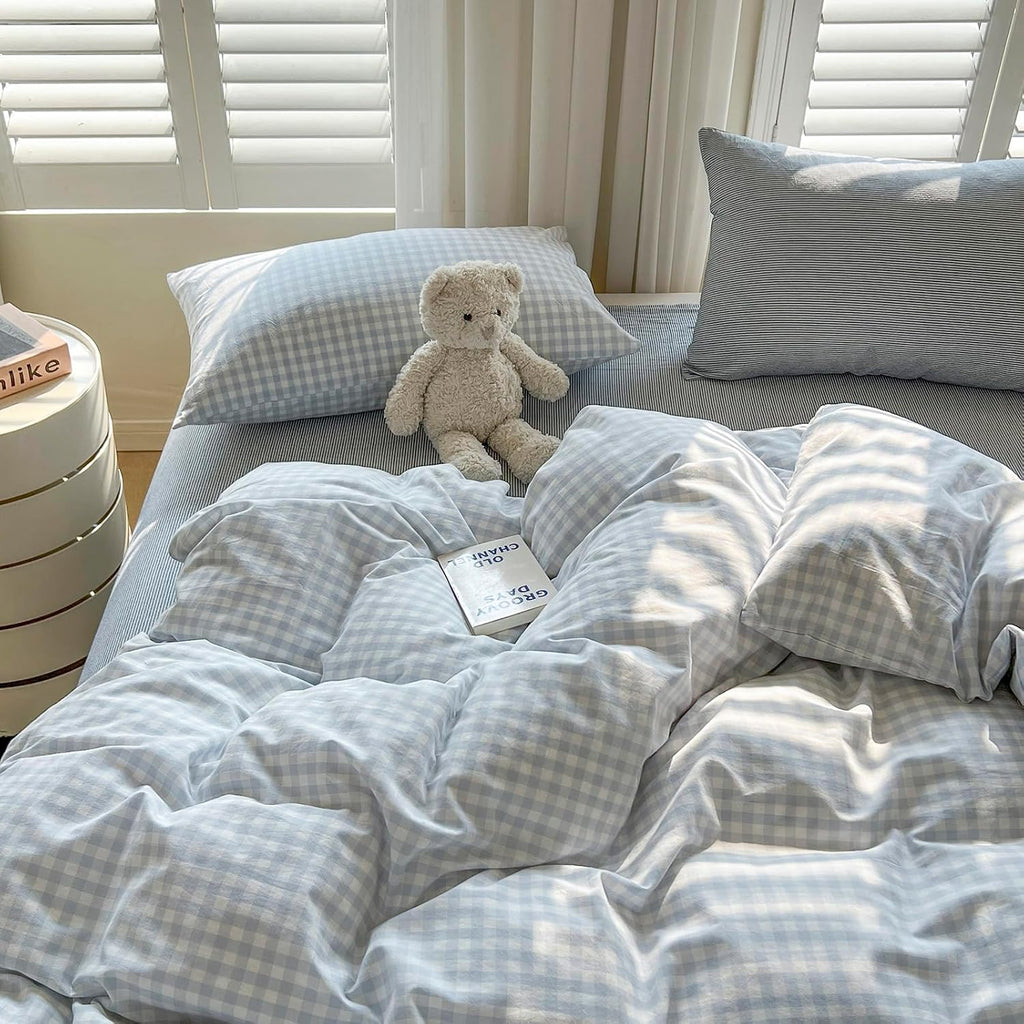 LifeTB Blue Gingham Duvet Cover Queen Size 100% Washed Cotton Blue White Plaid Checkered Duvet Cover 3 Pieces Farmhouse Grid Bedding Set Soft Breathable Gingham Comforter Cover with 2 Pillowcases