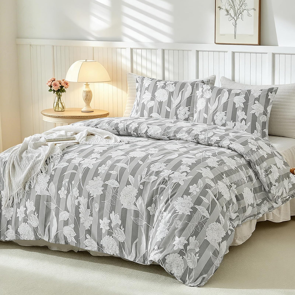 Lekesky Floral Duvet Cover Queen Size 3-Piece, Sage Green