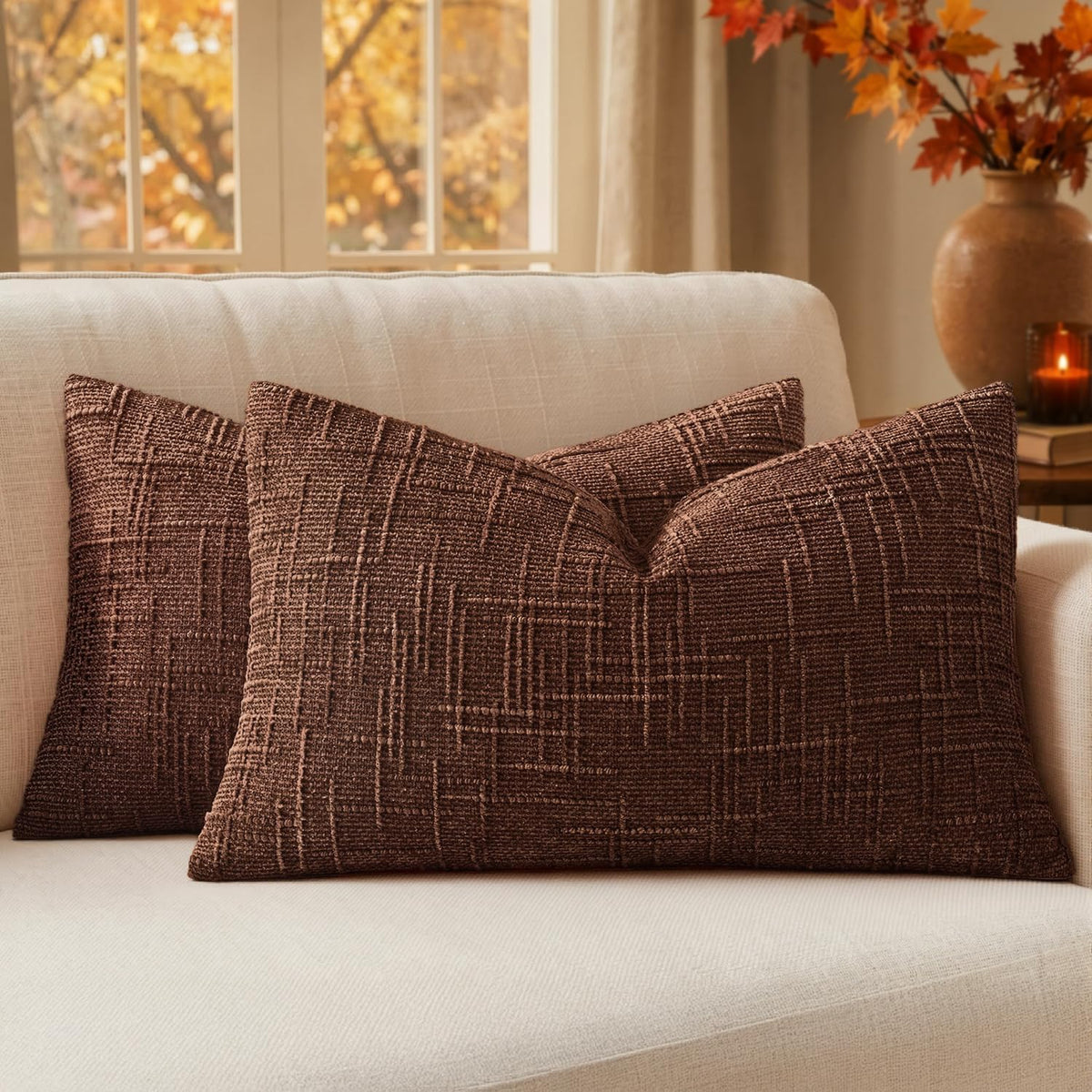 MIULEE Chenille Textured Throw Pillow Covers Cream White 20x20 Set of 2
