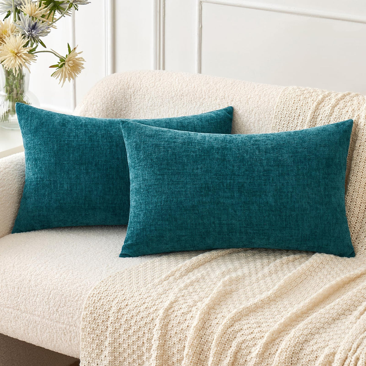 MIULEE Soft Chenille Throw Pillow Covers Teal 18x18 Inch Pack of 2