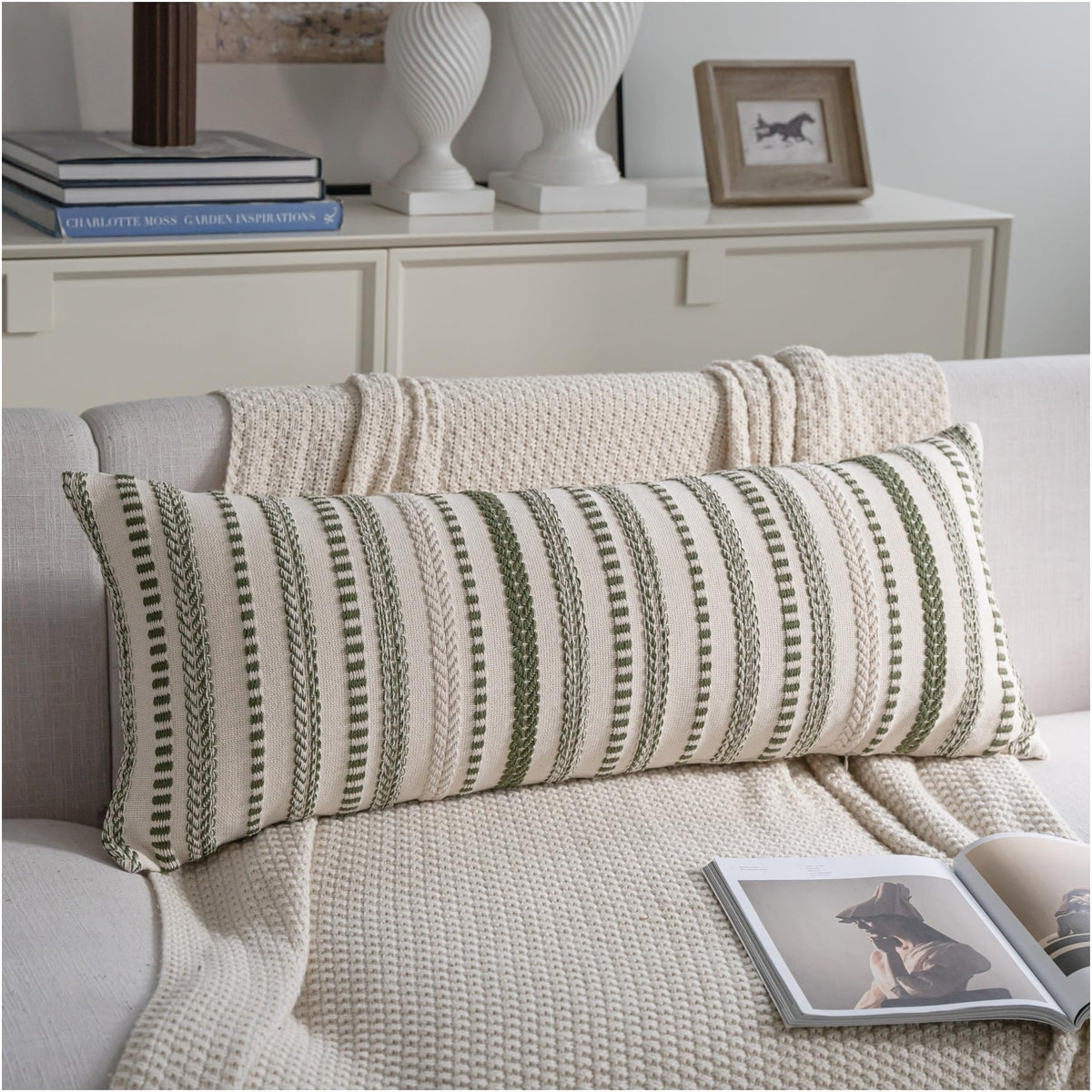 Cethom Blue and Beign Boho Throw Pillow Covers 18x18 Inch Set of 2, Stripe Textured Decorative Couch Pillow Cases for Bed, Sofa, Living Room, Bedroom, Farmhouse Home Accent Cushion Covers