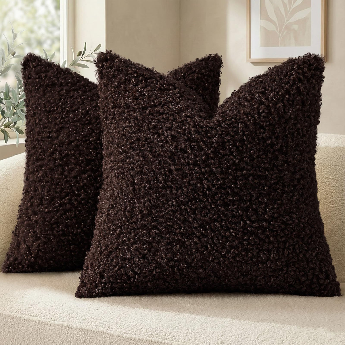 decorUhome Sherpa Throw Pillow Covers 18x18 Set of 2 Neutral Cream
