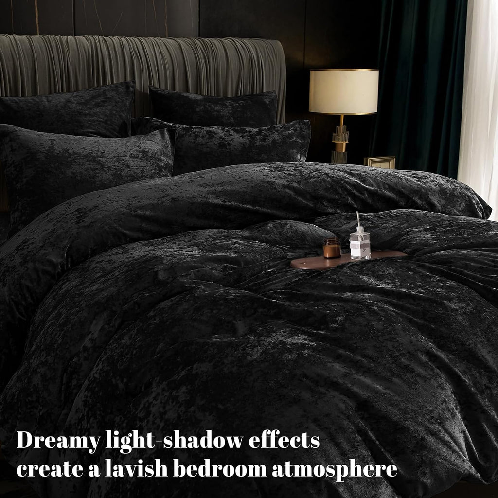 PHF Luxury Velvet Duvet Cover Set King Size, 3pcs 104" x 90", Black