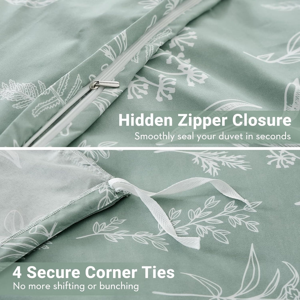 MUXHOMO Duvet Cover Queen Size, Reversible Floral Green Duvet Cover Set with Zipper Closure, 3 Pieces Botanical Patterns Soft Microfiber Bedding Set with 4 Ties (90"x90", 2 Pillow Cases)
