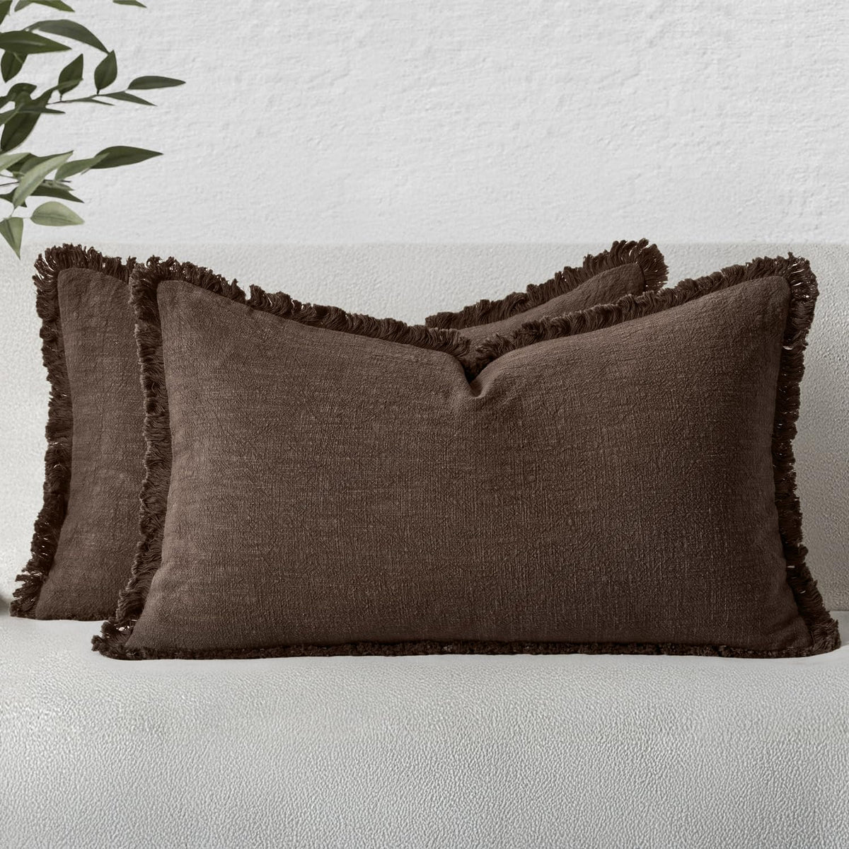 MIULEE Boho Linen Fringe Decorative Throw Pillow Covers Olive Green 20x20