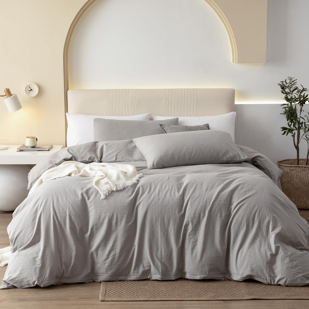 JIYUAN Queen Washed Cotton Duvet Cover Set, 3-Piece, Relaxed Linen Feel