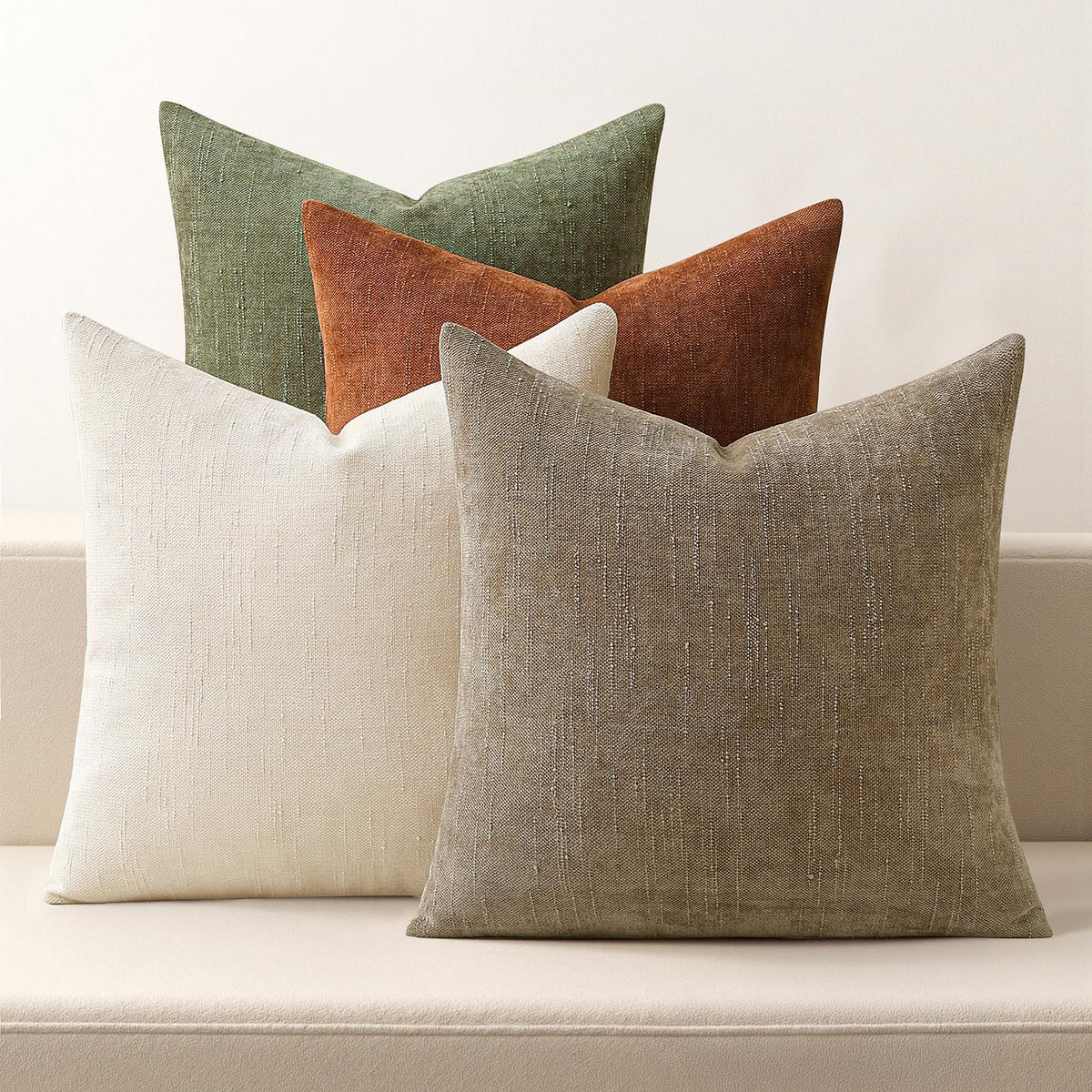 MIULEE Pack of 4 Fall Decorative Throw Pillow Covers 18x18 Inch Chenille Textured Throw Pillows Boho Farmhouse Cushion Covers Vintage Home Decor for Couch Sofa Bed Living Room，Beige Taupe Brown