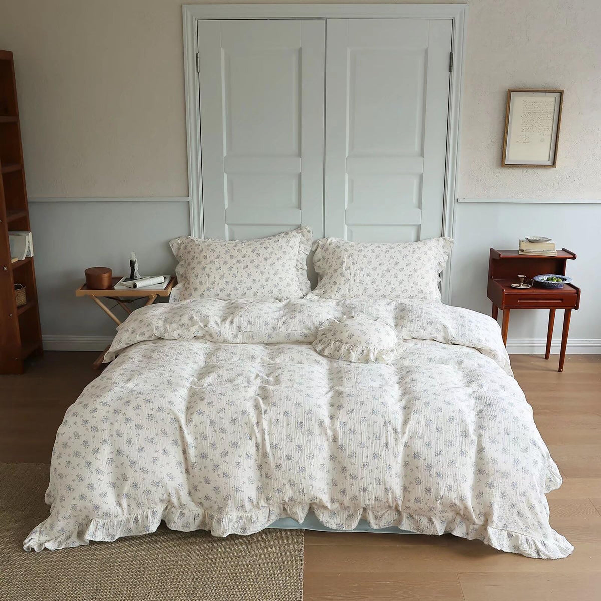 BuLuTu 100% Cotton Muslin Duvet Cover Twin for Kids Girls Boys, Shabby Chic Azalea Floral Duvet Covers Vintage Farmhouse Comforter/Quilt Cover with Ruffles, 68"x86", Zipper Closure, No Pillow