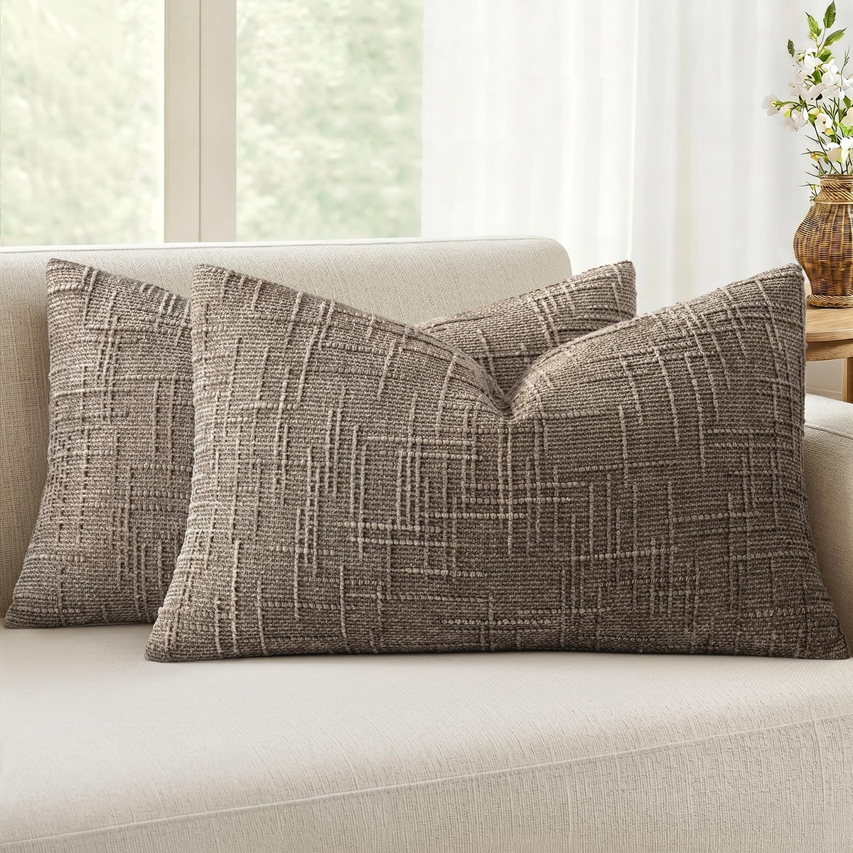 MIULEE Chenille Textured Throw Pillow Covers Cream White 20x20 Set of 2