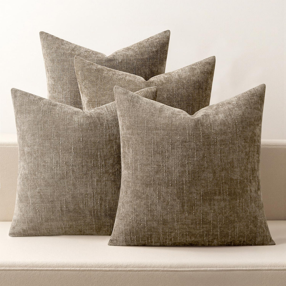 MIULEE Pack of 4 Fall Decorative Throw Pillow Covers 18x18 Inch Chenille Textured Throw Pillows Boho Farmhouse Cushion Covers Vintage Home Decor for Couch Sofa Bed Living Room，Beige Taupe Brown