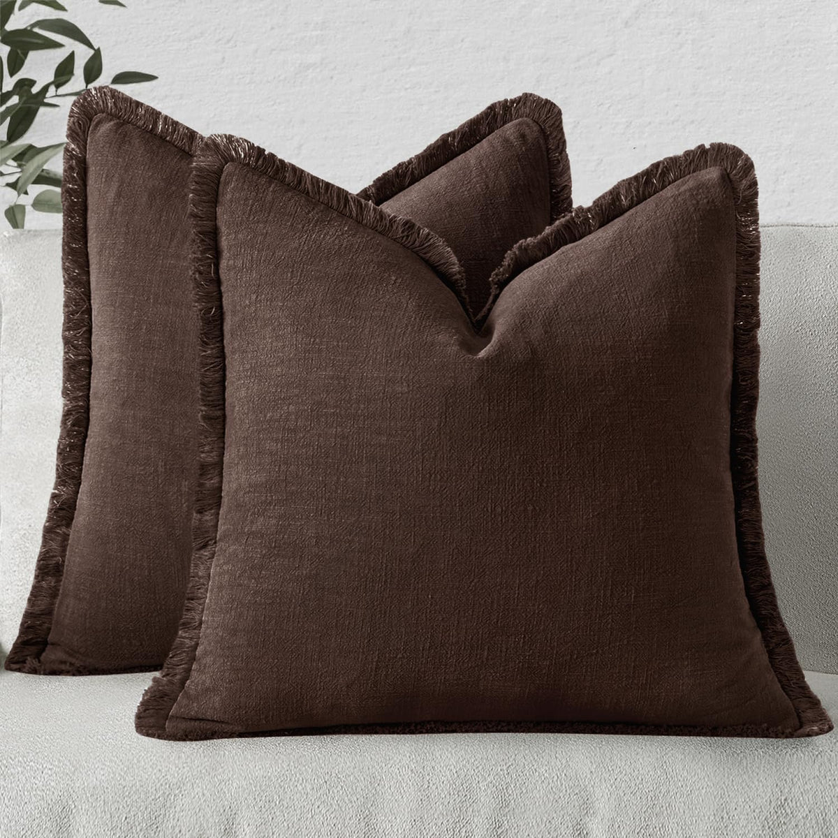 MIULEE Boho Linen Fringe Decorative Throw Pillow Covers Olive Green 20x20