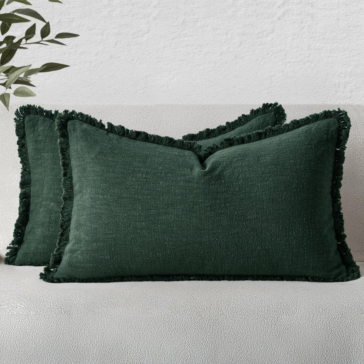 MIULEE Boho Linen Fringe Decorative Throw Pillow Covers Olive Green 20x20