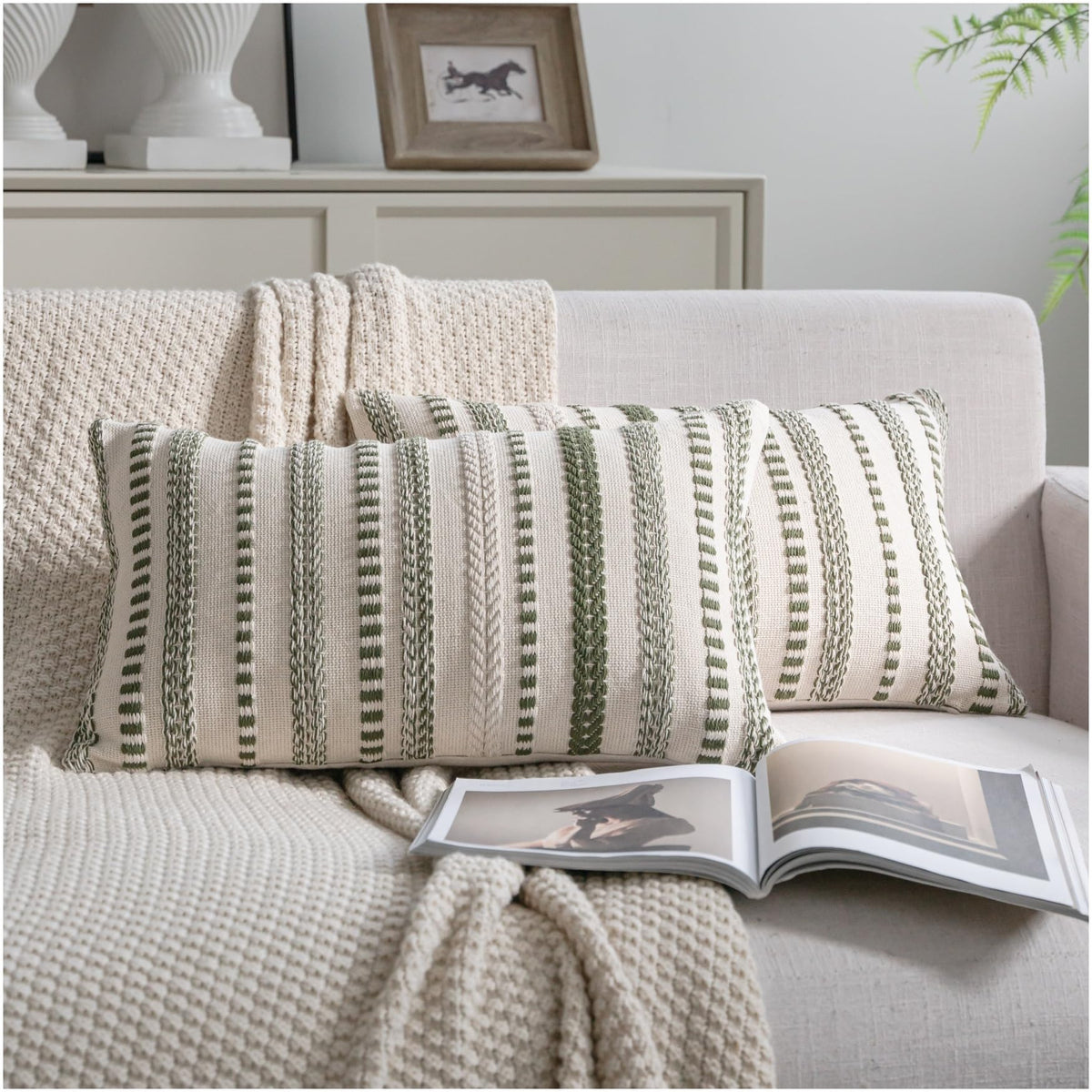 Cethom Blue and Beign Boho Throw Pillow Covers 18x18 Inch Set of 2, Stripe Textured Decorative Couch Pillow Cases for Bed, Sofa, Living Room, Bedroom, Farmhouse Home Accent Cushion Covers
