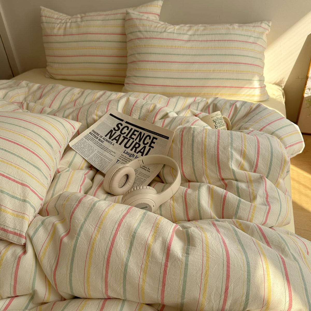 EAVD Retro Striped Duvet Cover Queen Soft 100% Washed Cotton Green Purple