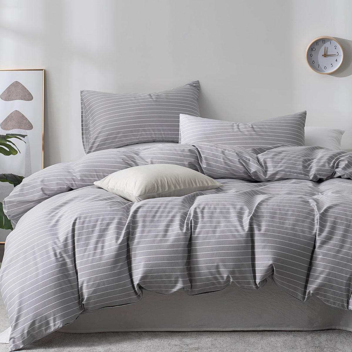 JELLYMONI 100% Cotton Classic Striped Queen Duvet Cover Set, Tan/White