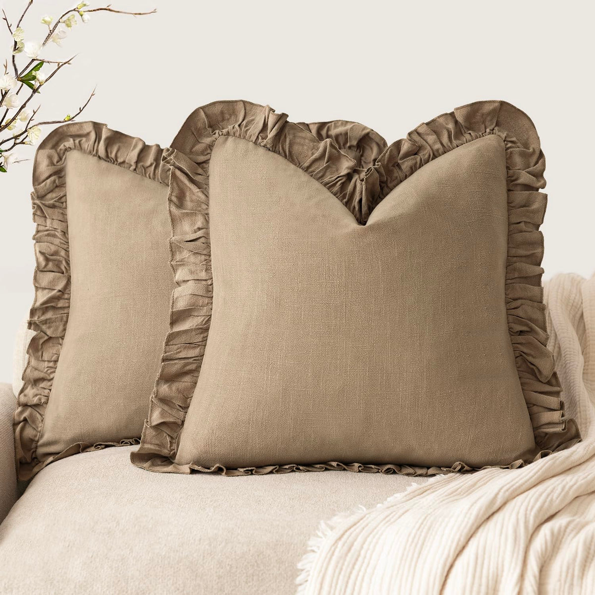 Foindtower Set of 2 Decorative Soild Fringe Ruffle Throw Pillow Covers Soft Boho Farmhouse Cushion Cover Cozy Accent Retro Pillowcase for Couch Sofa Bed Living Room Home Decor,18×18 Inch,Natural Beige