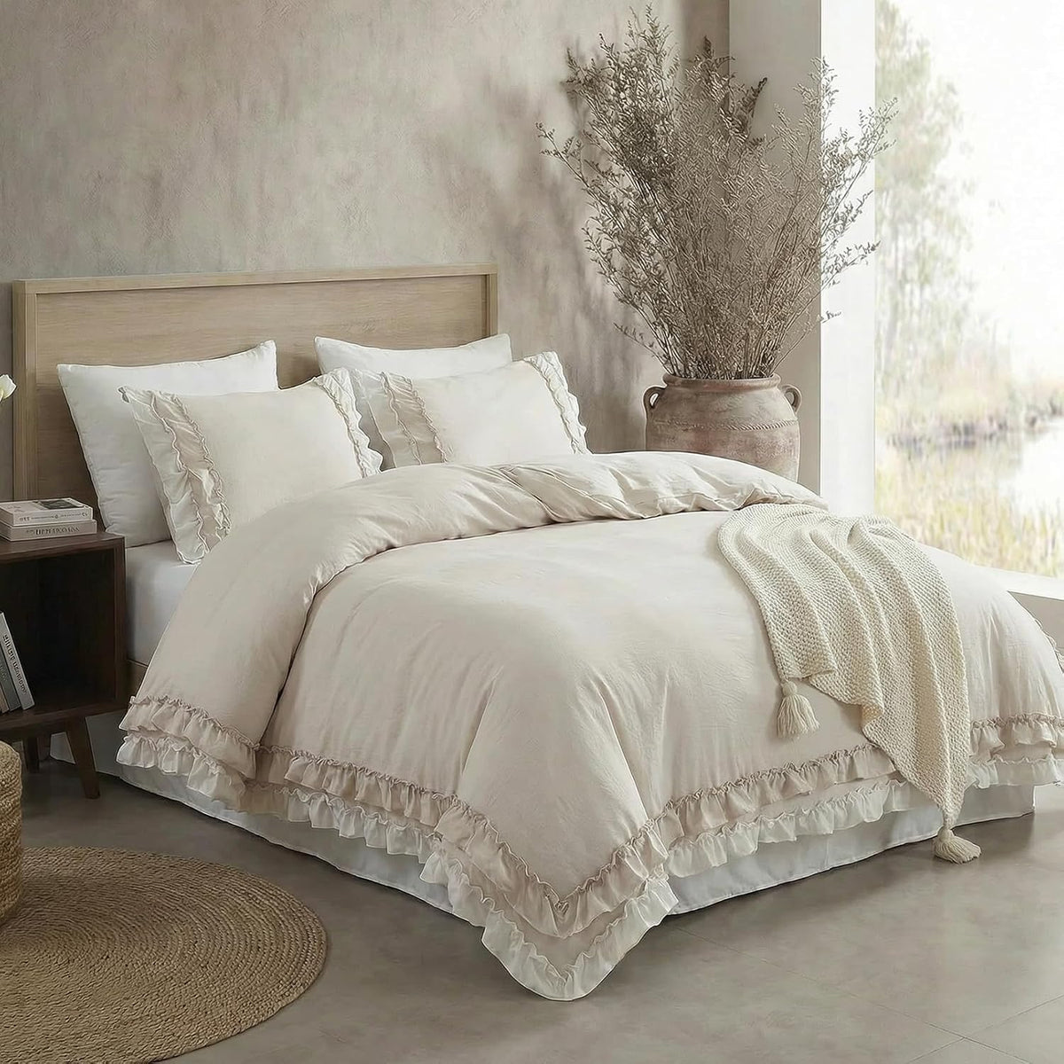 Bedorm Beige Duvet Cover Set Queen Ruffle Bedding Set Pleat Ruffled Shabby Chic Comforter Cover Extra Soft & Easy Care White Boho Duvet Cover with Zipper Closure