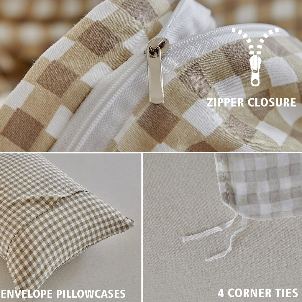 DuShow Grid King Duvet Cover Set - Tan Gingham Washed Microfiber Comforter Cover Set, 3 Pieces Plaid Checkered Soft Reversible Bedding Set(Tan,King)