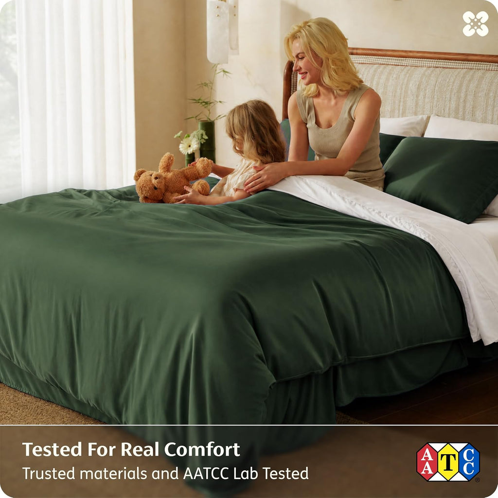 Bedsure PureWoven 100% Organic Bamboo Cooling Duvet Cover Set, Queen, Green