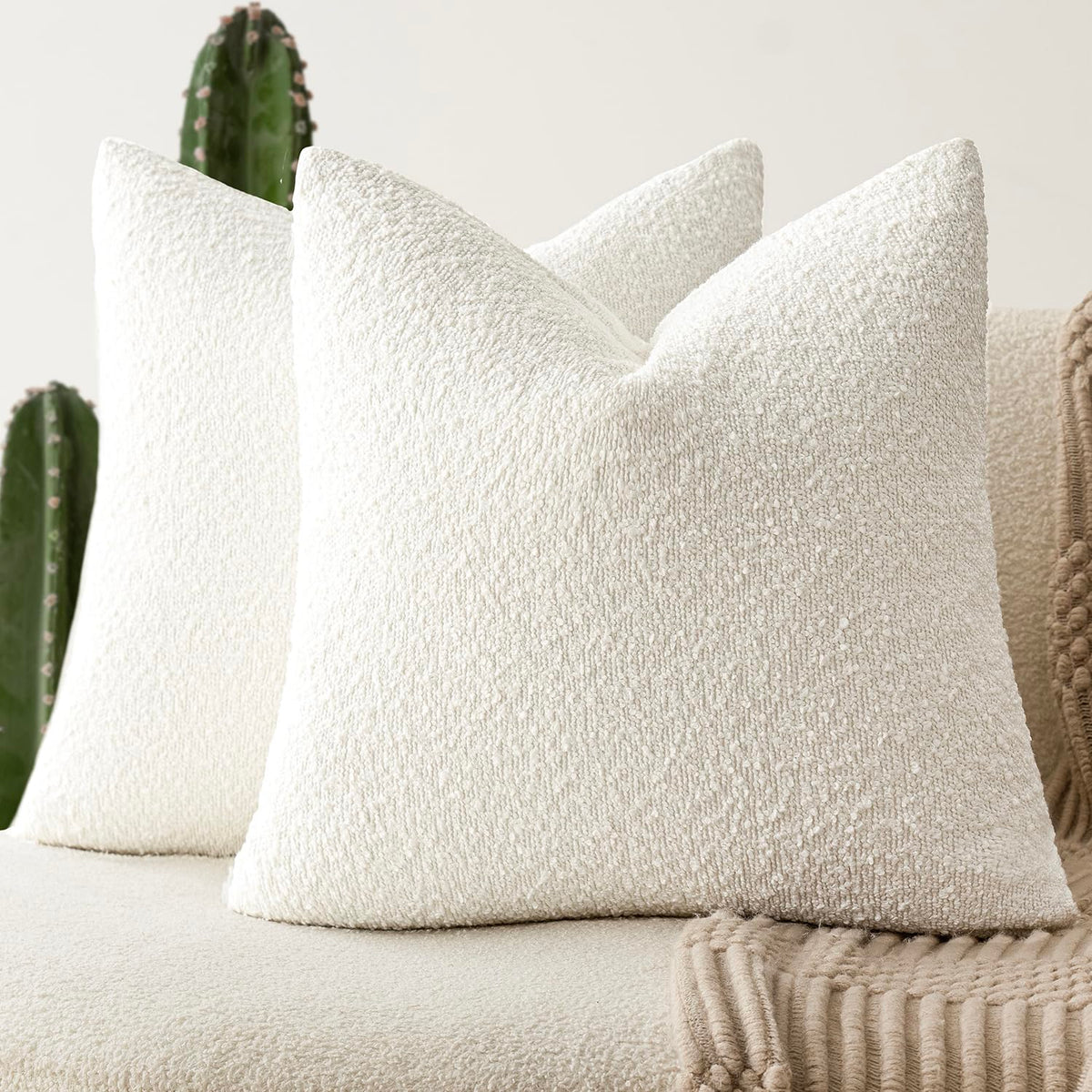 Foindtower Decorative Textured Boucle Throw Pillow Covers 18x18 Inch,Ivory
