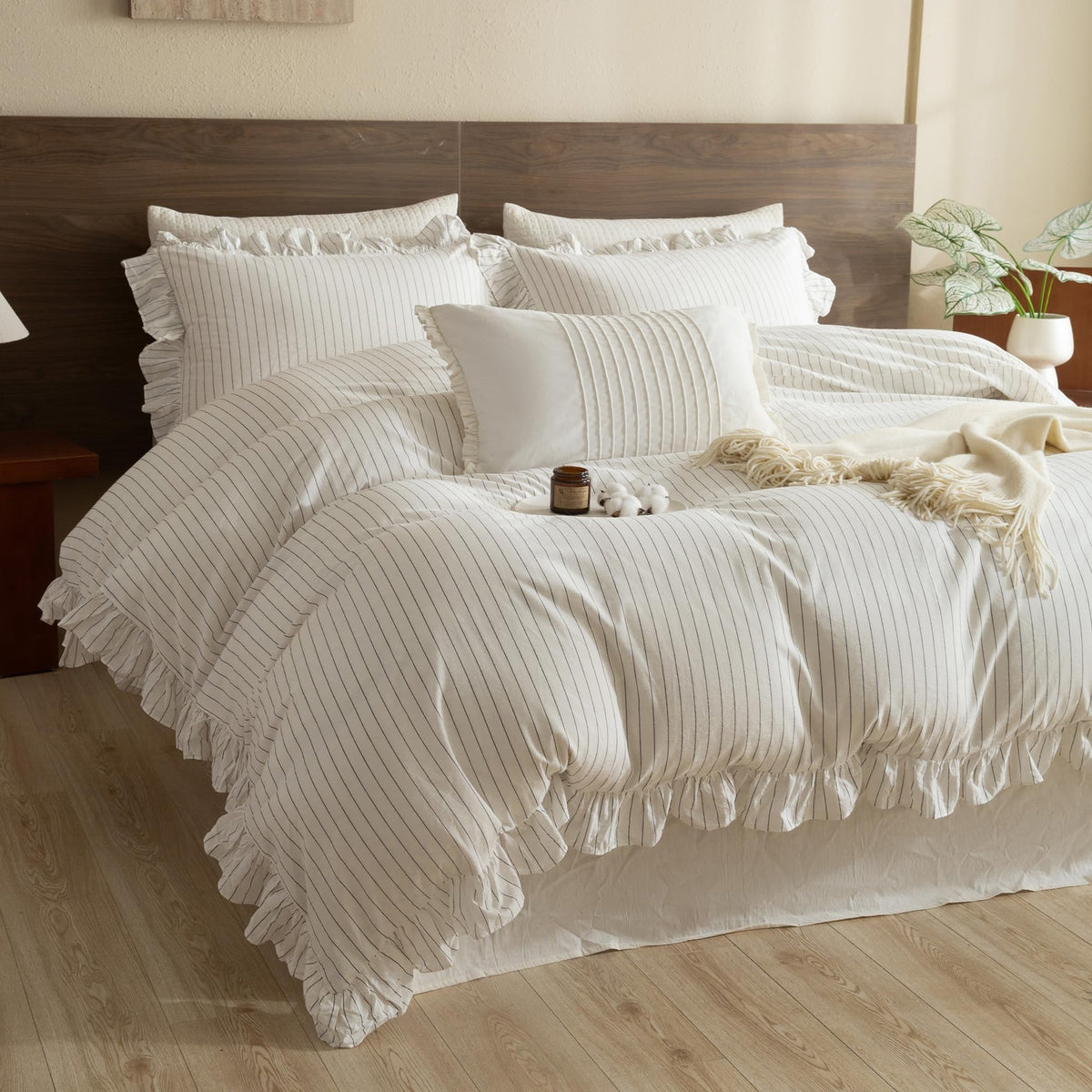 QSH Washed Cotton Duvet Cover King Ruffle Duvet Cover Linen Textured Farmhouse Shabby Vintage Chic Bedding Comforter Cover 3 PCs Aesthetic French Country Vintage King Bedding