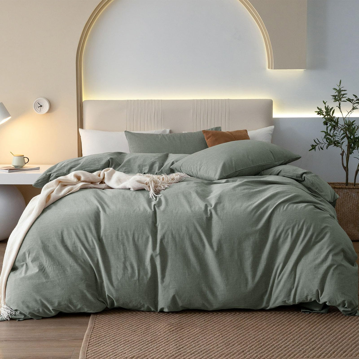 JIYUAN Queen Washed Cotton Duvet Cover Set, 3-Piece, Relaxed Linen Feel