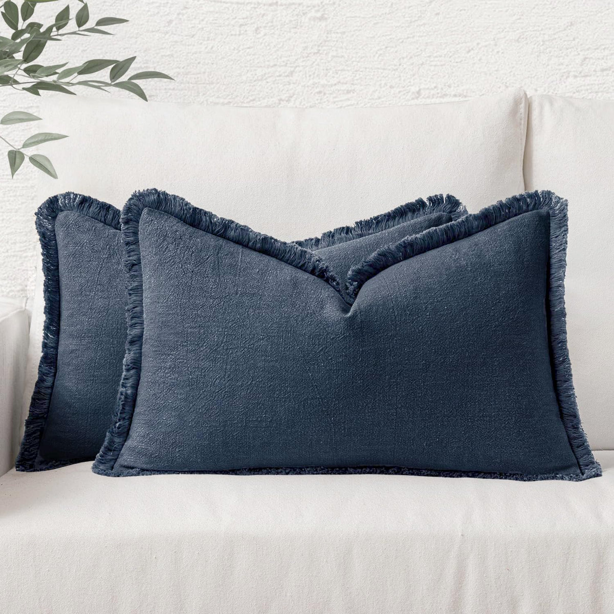MIULEE Boho Linen Fringe Decorative Throw Pillow Covers Olive Green 20x20