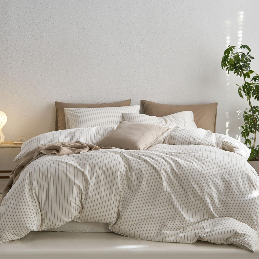 MooMee Striped Duvet Cover Set 100% Washed Cotton Linen Like Queen