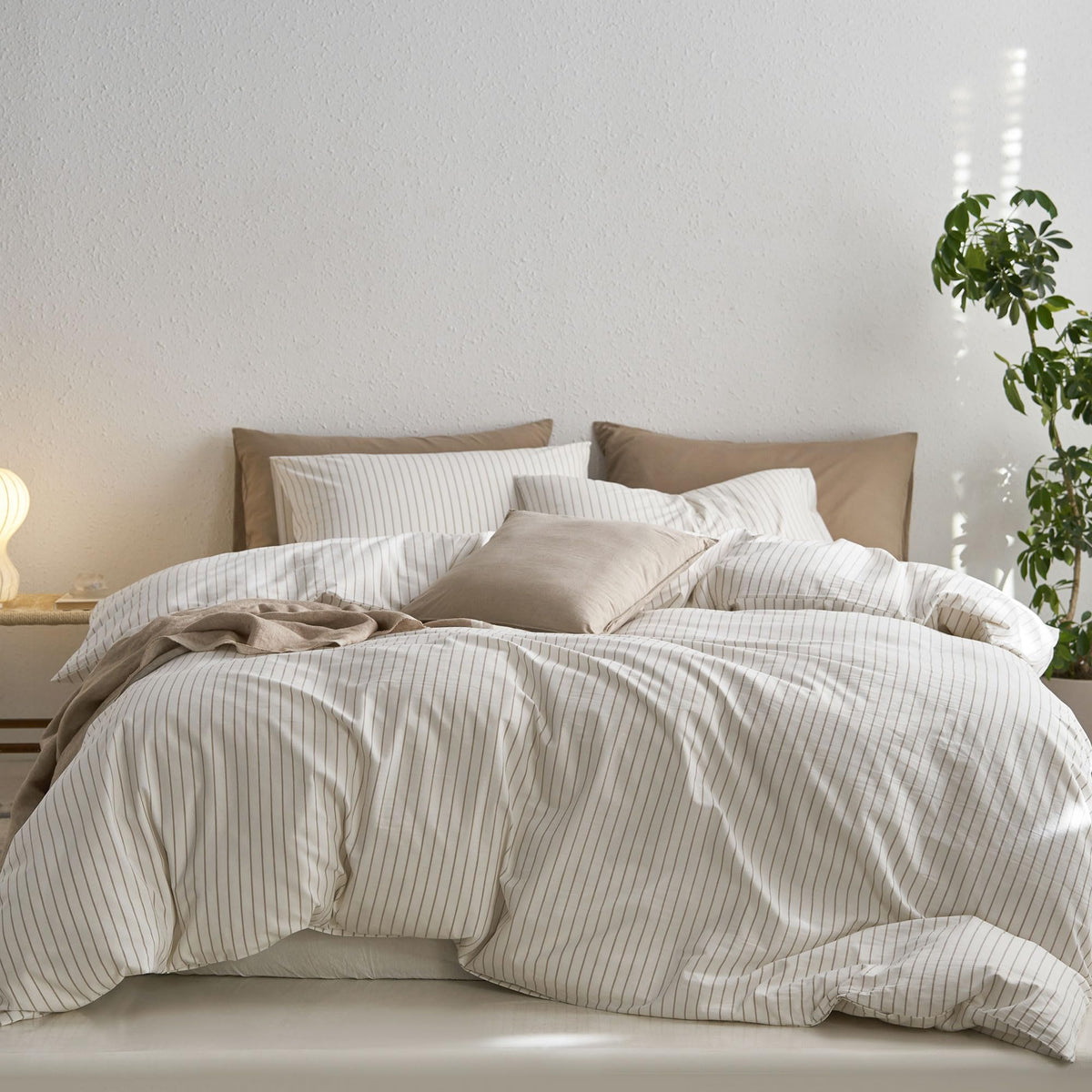MooMee Striped Duvet Cover Set 100% Washed Cotton Linen Like Queen