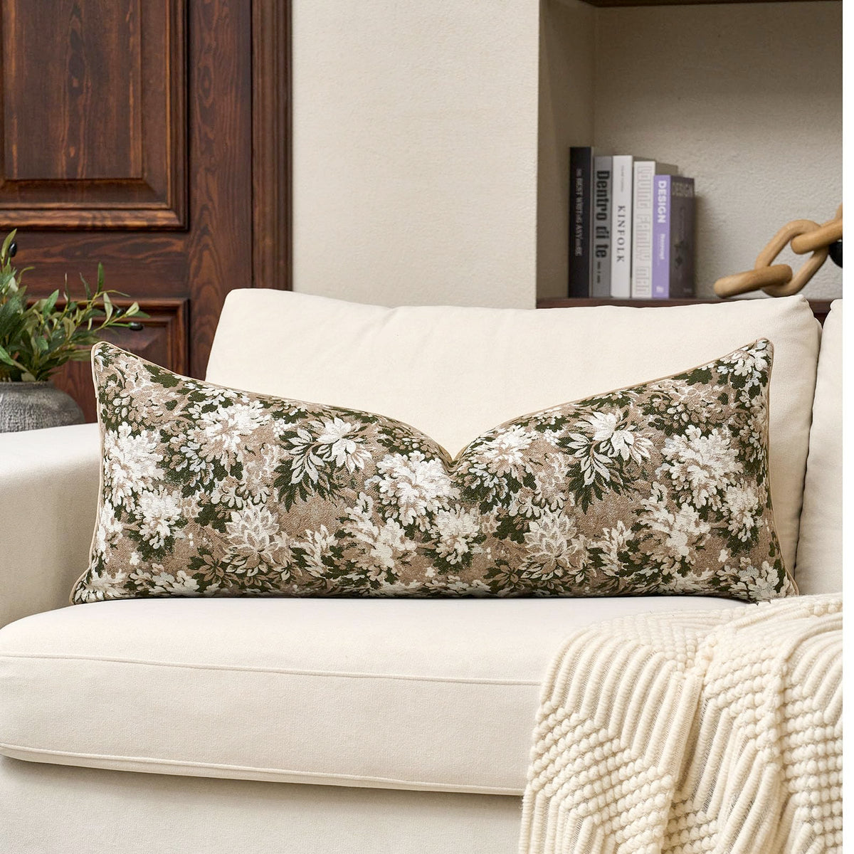 Yangest Neutral Floral Pillow Cover 12 x 20 Inches, Vintage Chenille Rectangle Throw Pillow Cover Soft Decorative Farmhouse Accent Couch Pillow Cover for Living Room Bedroom, Green