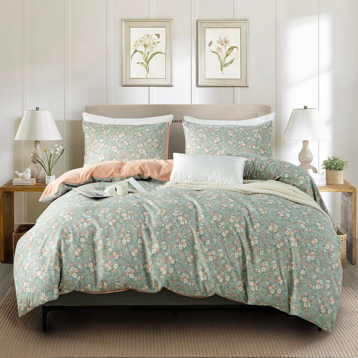 King Size Duvet Cover Set Floral Luxury Soft Brushed Microfiber Crinkle Gauze Fabric 3 Pieces Bedding Set Flower Pattern Duvet Cover King with Zipper Closure Breathable Comfy