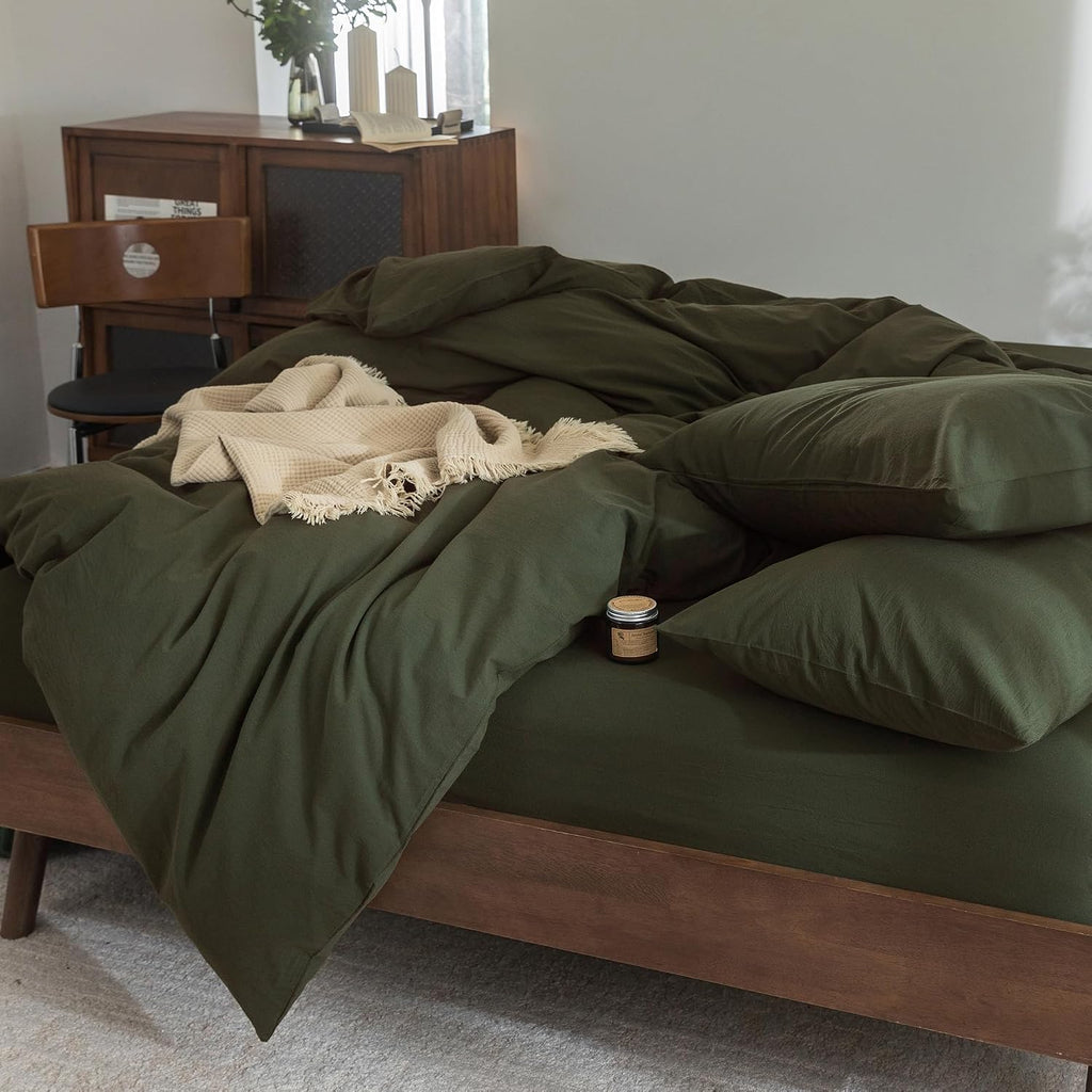 FOSSA Duvet Cover Set 100% Washed Cotton Linen Feel Queen