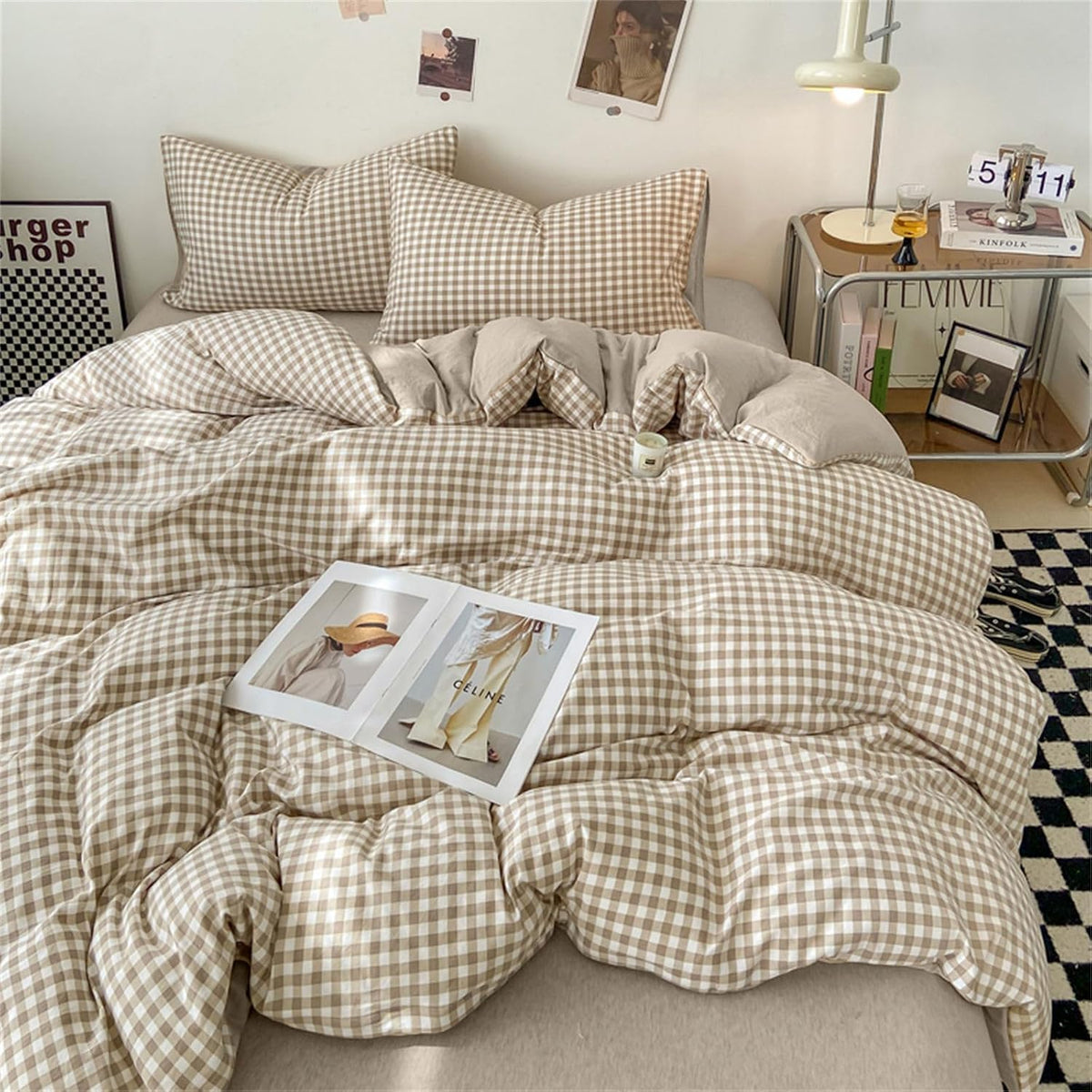 Nayoroom Gingham Duvet Cover Set Queen Brown Tan Plaid Checkered Bedding