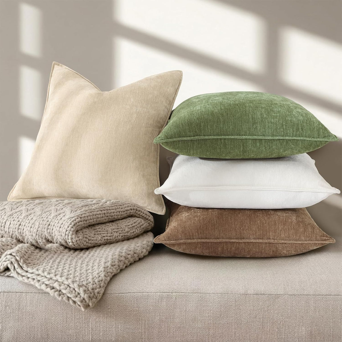 decorUhome Chenille Beige Velvet Throw Pillow Covers 20x20 Set of 2
