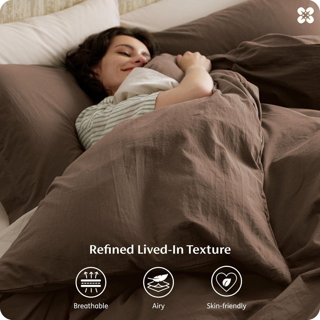 Bedsure PureWoven 100% Washed Cotton Duvet Cover Set, Queen Size, 3-PC