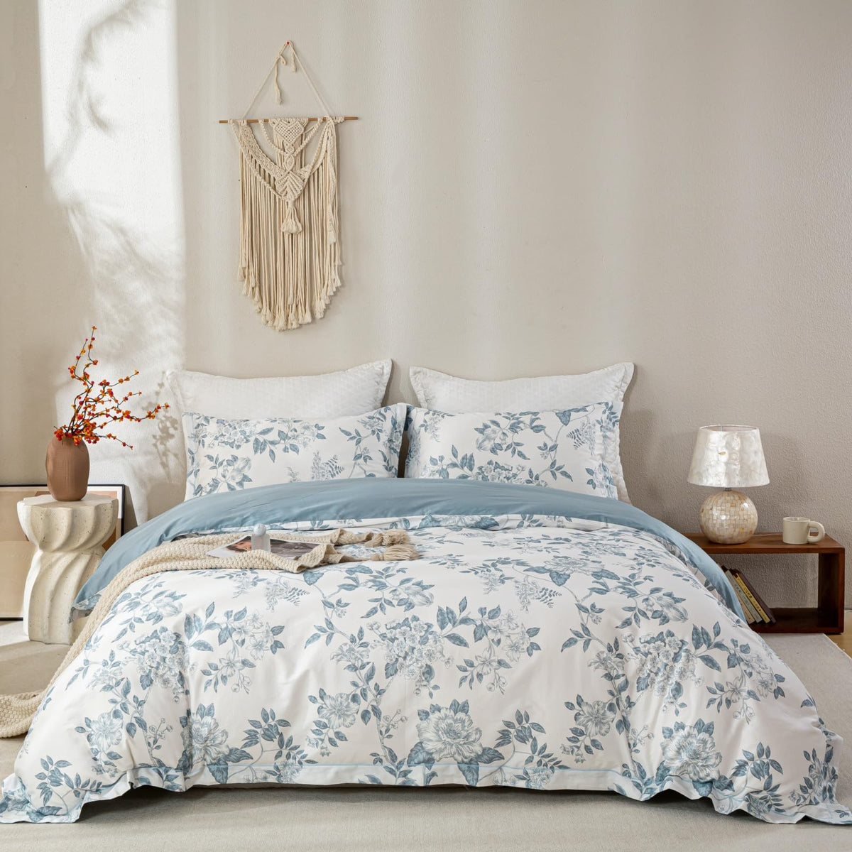OAITE Queen Duvet Cover Set 3pcs 100% Cotton Blue Leaf