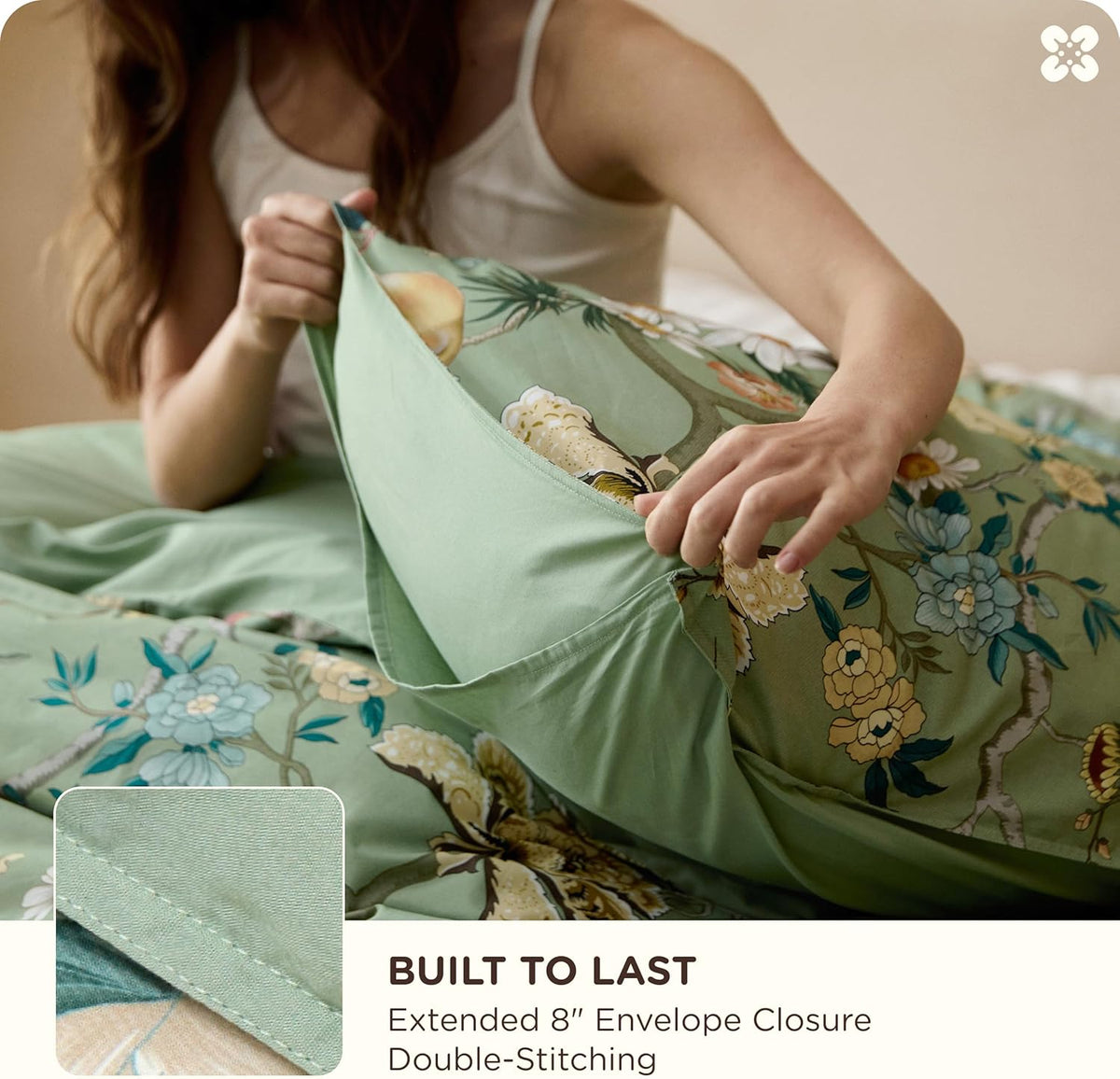 Bedsure PureWoven 100% Cotton Floral Duvet Cover Set, Queen, Green Garden