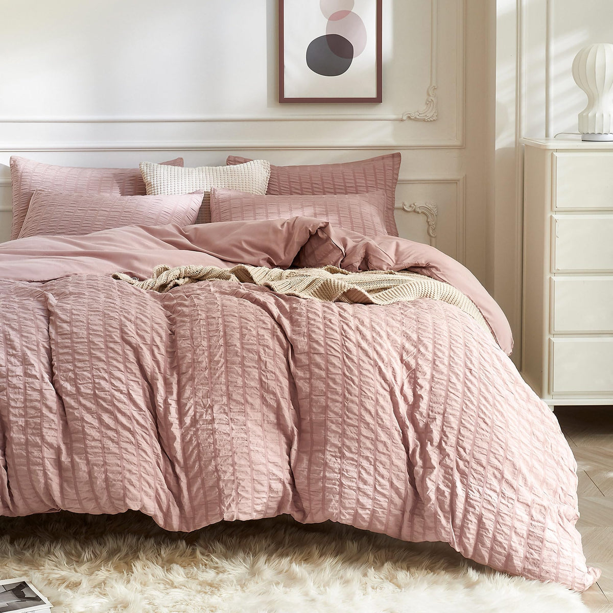 JELLYMONI White Seersucker Duvet Cover Set Queen Size
