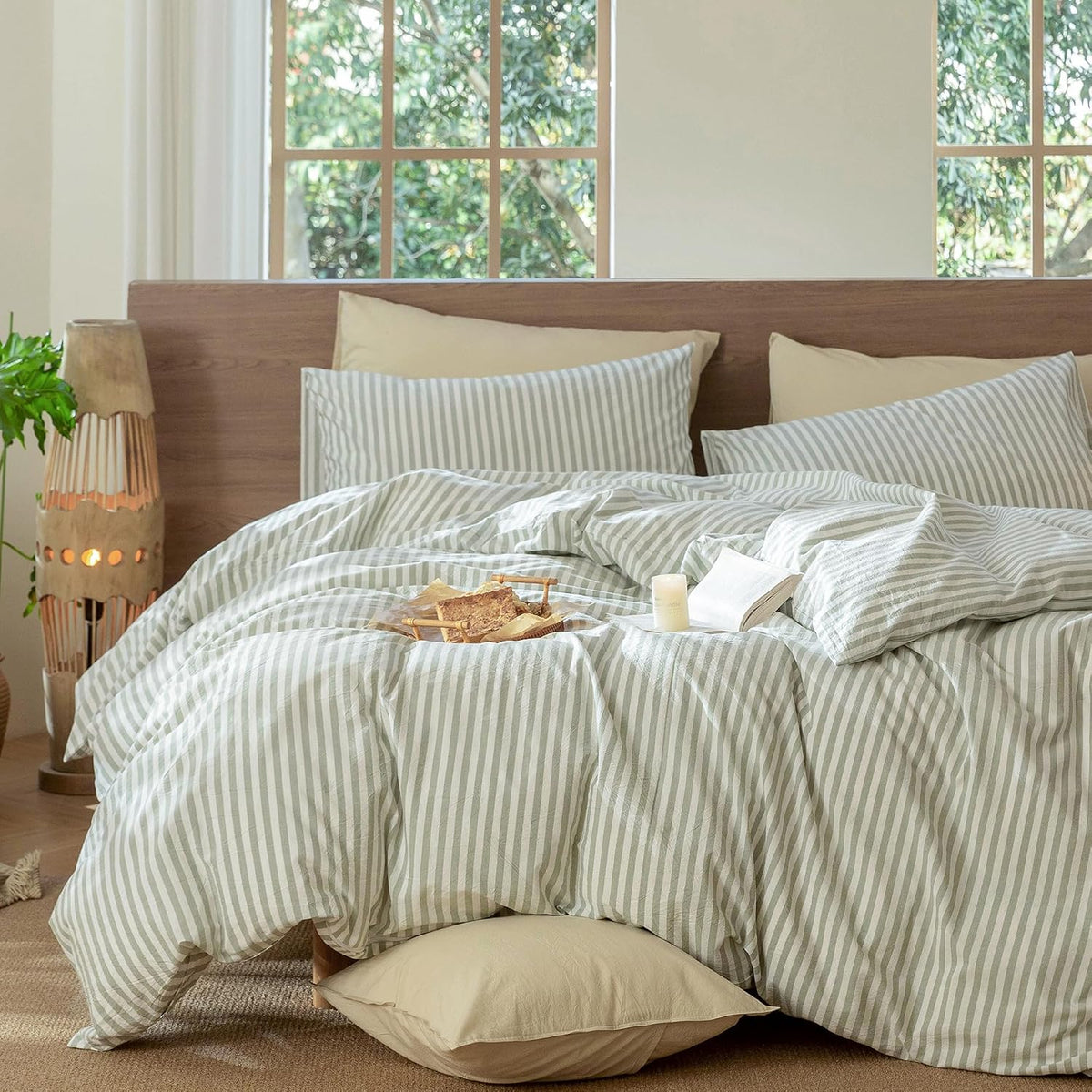 MooMee Striped Duvet Cover Set 100% Washed Cotton Linen Like Queen