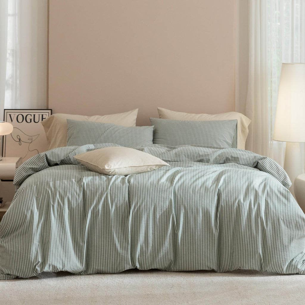 JIYUAN Queen Washed Cotton Duvet Cover Set, 3-Piece, Relaxed Linen Feel